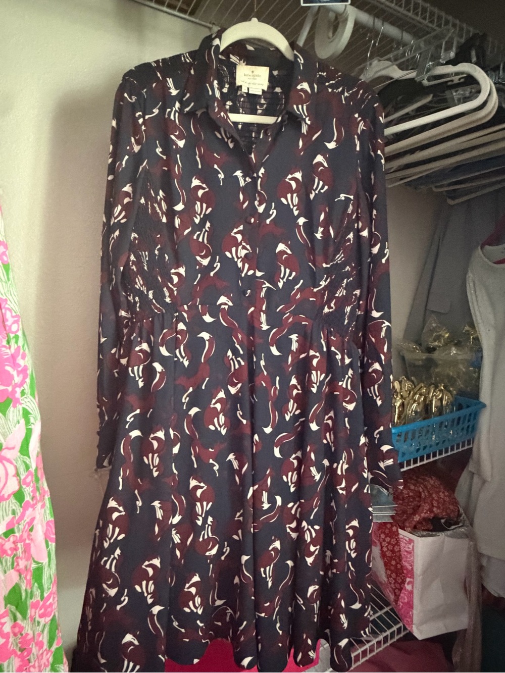 kate spade navy long-sleeve printed shirt dress - Picture 3 of 3